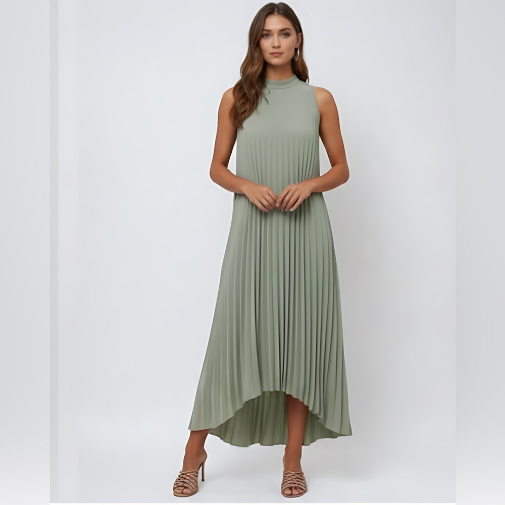 High Low Hem Pleated Swing Dress Green